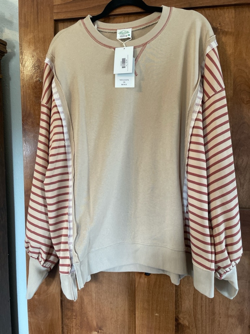 Women’s Crewneck Sweater with Striped Sleeve Detail - Beige & Rust